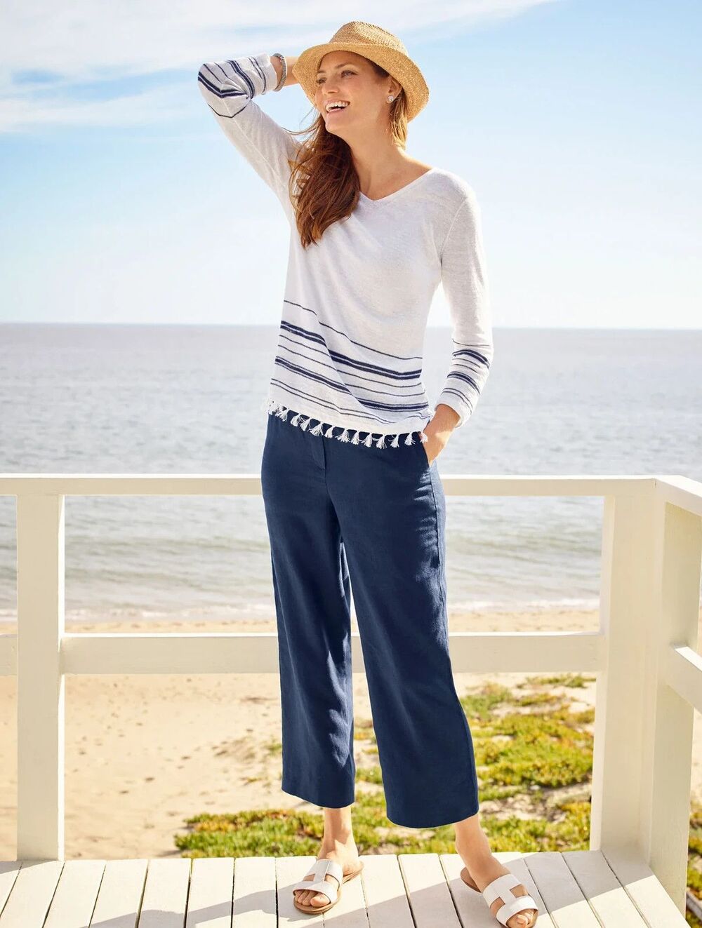 Talbots Blue Pull-on Drawstring Wide Leg Cropped Linen Pants  Size S  Casual - Picture 14 of 14